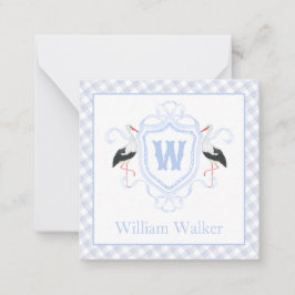 Aquarell Blau Storch Gingham Monogrammwappen Mitteilungskarte