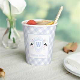 Aquarell Blau Storch Gingham Monogrammwappen Pappbecher