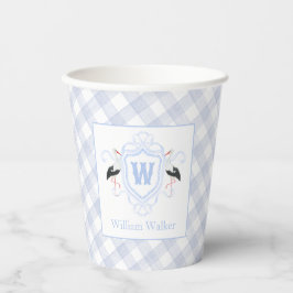 Aquarell Blau Storch Gingham Monogrammwappen Pappbecher