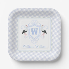 Aquarell Blau Storch Gingham Monogrammwappen Pappteller