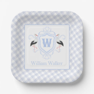 Aquarell Blau Storch Gingham Monogrammwappen Pappteller