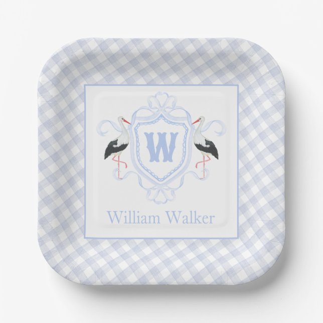 Aquarell Blau Storch Gingham Monogrammwappen Pappteller (Vorderseite)