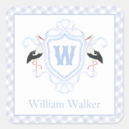 Aquarell Blau Storch Gingham Monogrammwappen Quadratischer Aufkleber