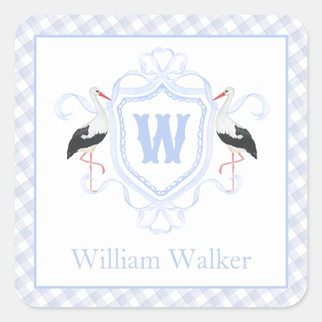 Aquarell Blau Storch Gingham Monogrammwappen Quadratischer Aufkleber (Vorderseite)