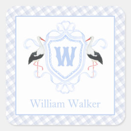 Aquarell Blau Storch Gingham Monogrammwappen Quadratischer Aufkleber