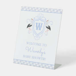 Aquarell Blau Storch Gingham Monogrammwappen Sockelschild