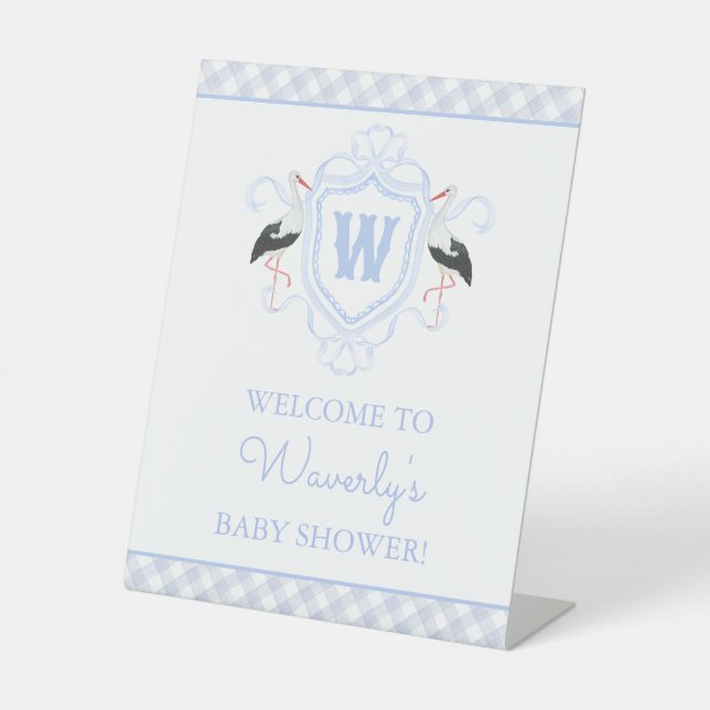 Aquarell Blau Storch Gingham Monogrammwappen Sockelschild (Vorderseite)