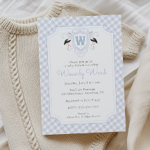 Aquarell Blau Storch Monogrammwappen Babyparty