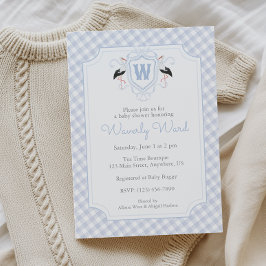 Aquarell Blau Storch Monogrammwappen Babyparty Einladung
