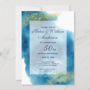 Aquarell Blau und Gold 50. Hochzeitstag Einladung
