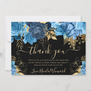 Aquarell Blau und Gold Blumen Sweet 16 Dankeskarte