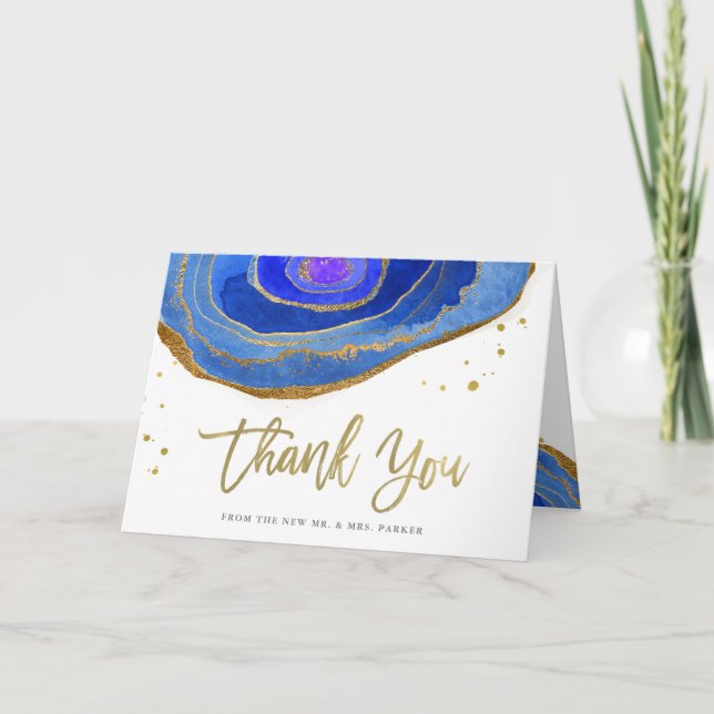 Aquarell Blau und Gold Geode | Hochzeit Dankeskarte (Vorderseite)