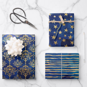 Aquarell Blau- und Goldtinten-Fantasie-Muster Geschenkpapier Set
