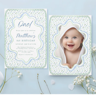 Aquarell Blau und Sage Grün 1. Geburtstag Foto Einladung