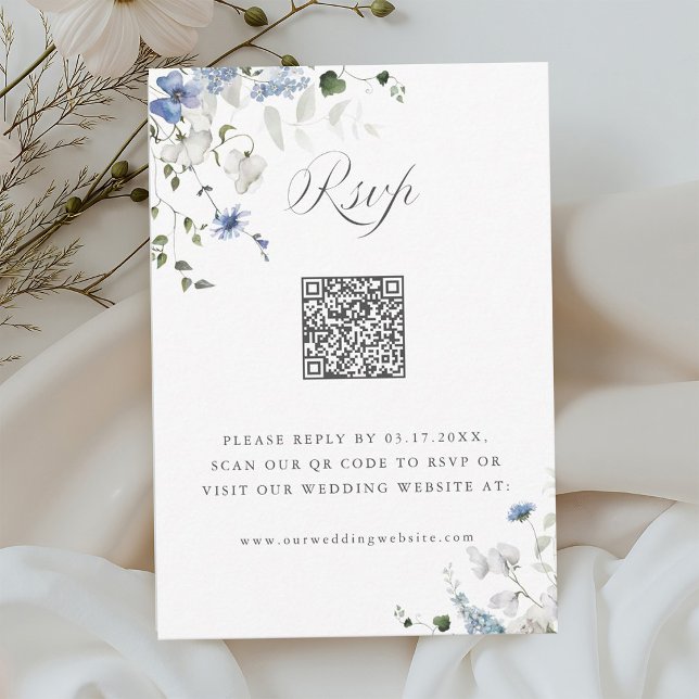 Aquarell Blau Weiße Grüne Florale Hochzeits-QR-Cod RSVP Karte (Von Creator hochgeladen)