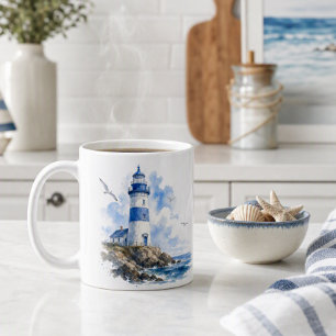 Aquarell Blau-Weiße Leuchtturm-Kaffeetasse Kaffeetasse