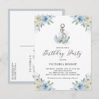 Aquarell Blaue Blumene Anchor Nautischer Geburtsta Einladungspostkarte