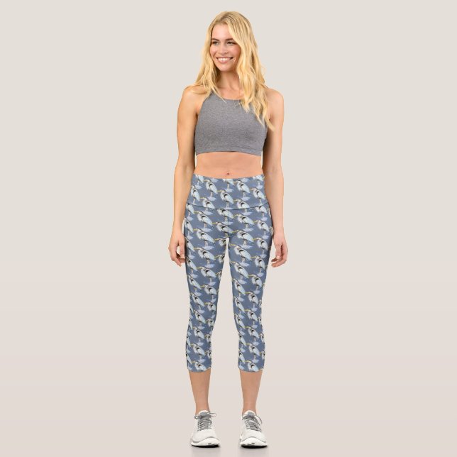 Aquarell Blaue Heron Vogelart Capri Leggings (Vorderseite)
