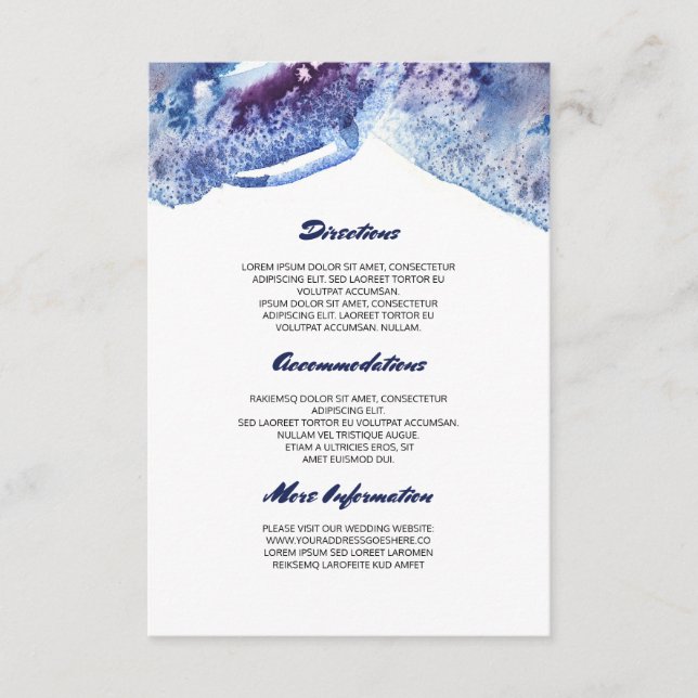Aquarell-blaue Hochzeits-Kristallinformationen Begleitkarte (Vorderseite)