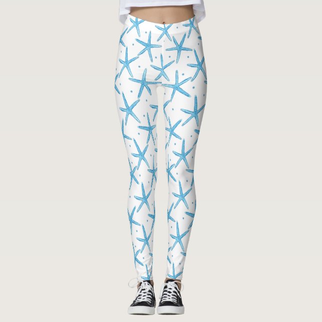 Aquarell-blaue Seesternchen-Vereinbarung Leggings (Vorderseite)