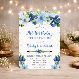 Aquarell Blaue Sommerblumen 21. Geburtstag Einladung