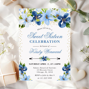 Aquarell Blaue Sommerblumen Foto Sweet 16 Einladung