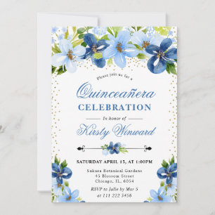 Aquarell Blaue Sommerblumen Quinceanera Einladung