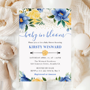 Aquarell Blaue und Gelbe Blumen Baby Shower Einladung