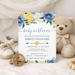 Aquarell Blaue und Gelbe Blumen Babyparty Einladung