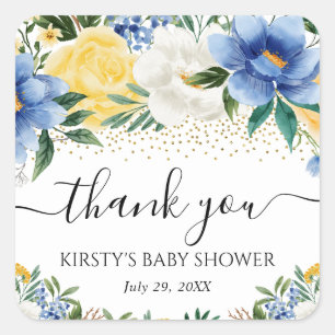 Aquarell Blaue und Gelbe Blumen Babyparty Quadratischer Aufkleber