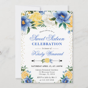 Aquarell Blaue und Gelbe Blumen Foto Sweet 16 Einladung