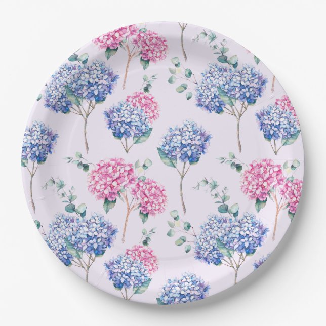 Aquarell Blaue und Rosa Hortensien Blumenmuster Pappteller (Vorderseite)