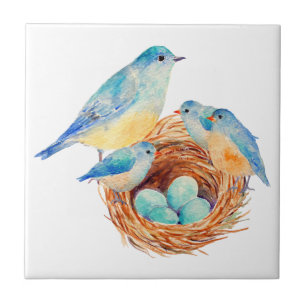 Aquarell-blaue Vogel-Familien-Vogel-Nest-Küken Fliese