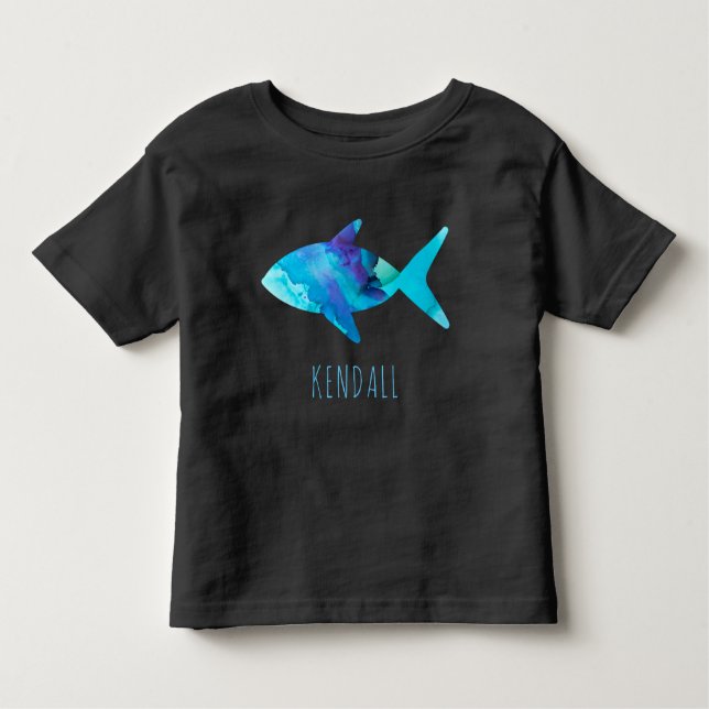 Aquarell Blauer Fisch Ozean Kinder Personalisiert Kleinkind T-shirt (Vorderseite)