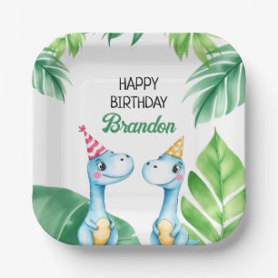 Aquarell Blauer Trex Grüne Kinder 3. Geburtstag Pappteller