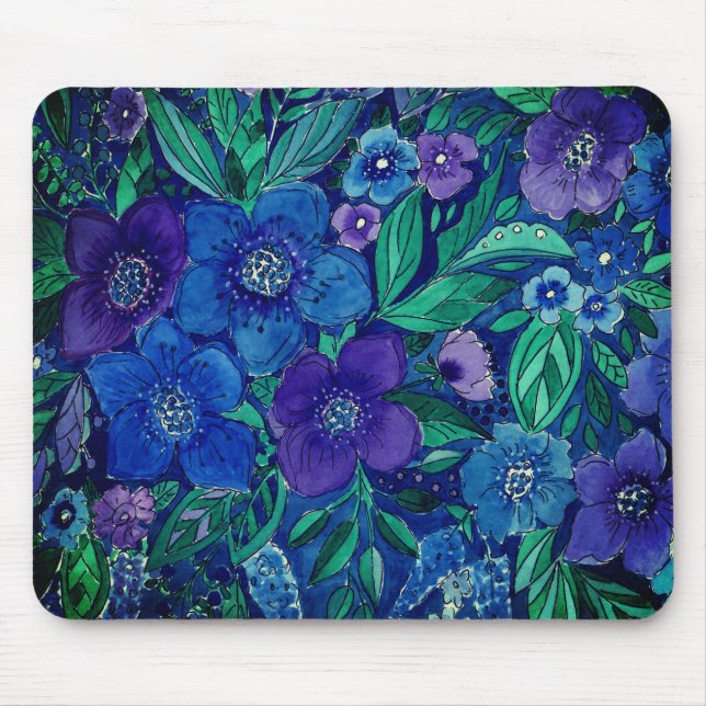 Aquarell, blaues Blumenmousepad Mousepad (Vorne)