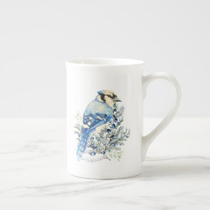 Aquarell Blauhäher Vogel Blaubeeren Landkunst Prozellantasse