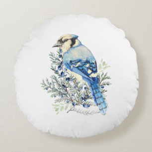 Aquarell Blauhäher Vogel Blaubeeren Landkunst Rundes Kissen