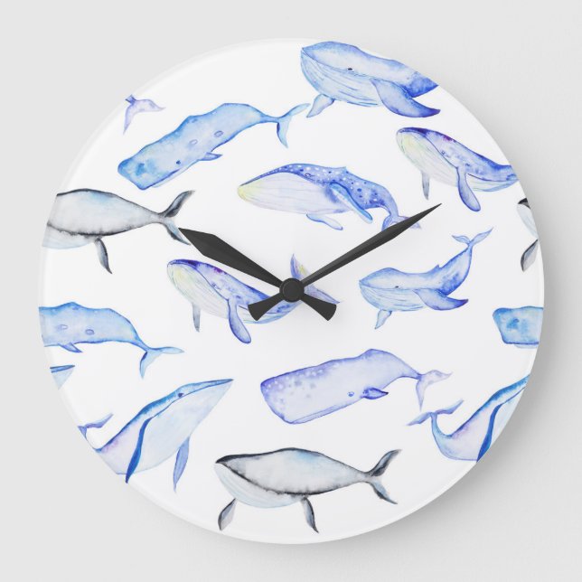 Aquarell-Blauwal-Muster Große Wanduhr (Vorderseite)