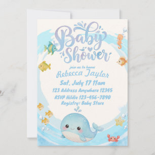 Aquarell Blauwellwal Baby Shower Einladung