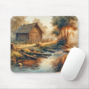 Aquarell Blockhütte im Morgennebel Mousepad