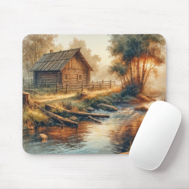 Aquarell Blockhütte im Morgennebel Mousepad (Mit Mouse)