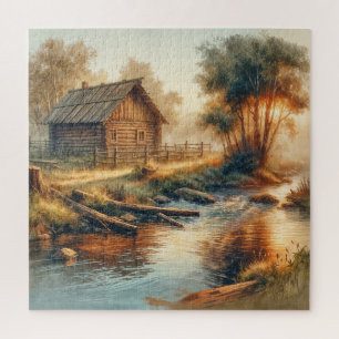Aquarell Blockhütte im Morgennebel Puzzle