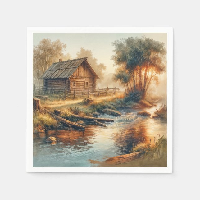 Aquarell Blockhütte im Morgennebel Serviette (Vorderseite)