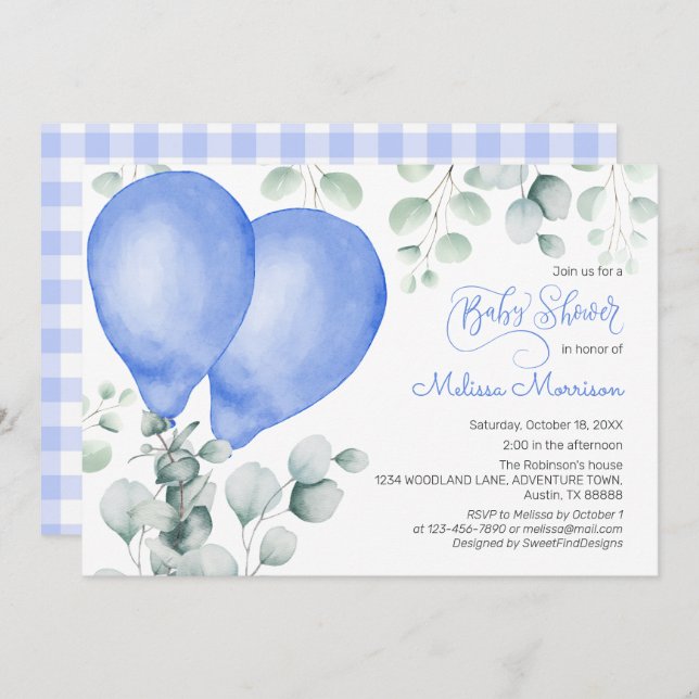 Aquarell Blue Ballons Niedlich Gingham Baby Shower Einladung (Vorne/Hinten)