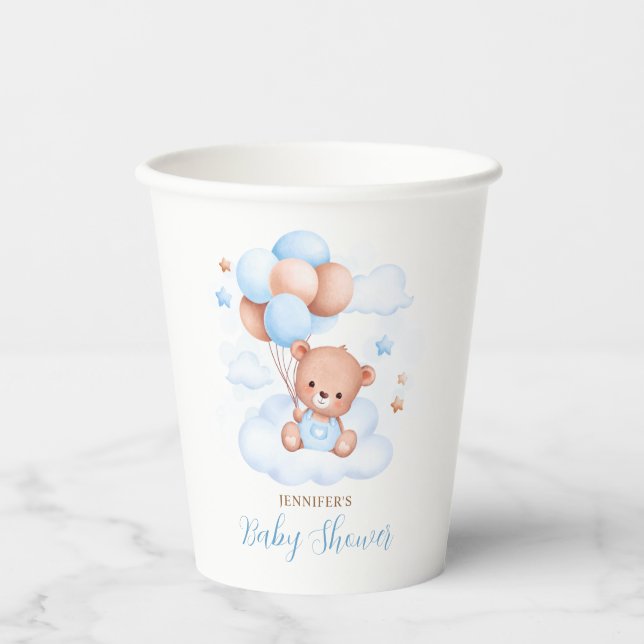 Aquarell Blue Balloons Teddy Bear Baby Dusche Pappbecher (Vorderseite)