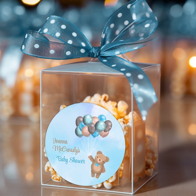Aquarell Blue Brown Balloons Bear Baby Dusche Runder Aufkleber (Von Creator hochgeladen)