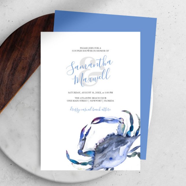 Aquarell Blue Coastal Crab Paare Dusche (Bridal shower invitations watercolor blue crab art by Victoria Grigaliunas Do Tell A Belle)