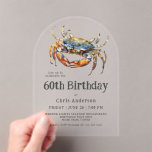 Aquarell Blue Crab Küste Meeresfrüchte 60. Geburts Acryleinladungen<br><div class="desc">Dieses stilvolle, Acryl-bogenförmige Einladungs-Design ist die perfekte Einladung zum Feiern eines besonderen 60. Geburtstages mit einem Abendessen entlang der Küste. Die blaue Krabbe in lebendigen Aquarellfarben. Die einladende Textpaarung ist modern mit einem lässigen, einladenden und zugleich geschmackvollen Look. Es funktioniert wunderbar für ihn oder sie und das Alter kann für...</div>