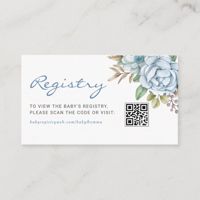 Aquarell Blue Flowers Baby QR Code Registrierung Begleitkarte (Vorderseite)